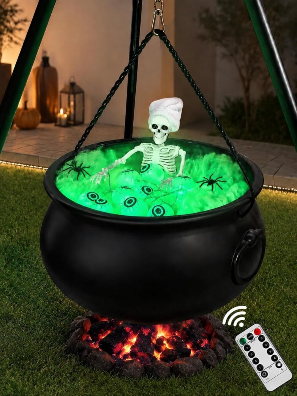 Large Witches Cauldron with String Lights, Skeleton & Eyeballs - Halloween Decor